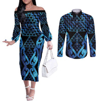Taniko Motifs Matariki New Zealand Couples Matching Off The Shoulder Long Sleeve Dress and Long Sleeve Button Shirt NZ Niho Taniwha Poutama LT14 Blue - Polynesian Pride
