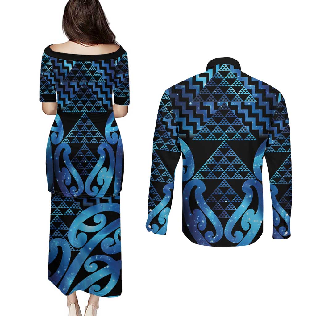 Taniko Motifs Matariki New Zealand Couples Matching Puletasi and Long Sleeve Button Shirt NZ Niho Taniwha Poutama LT14 - Polynesian Pride
