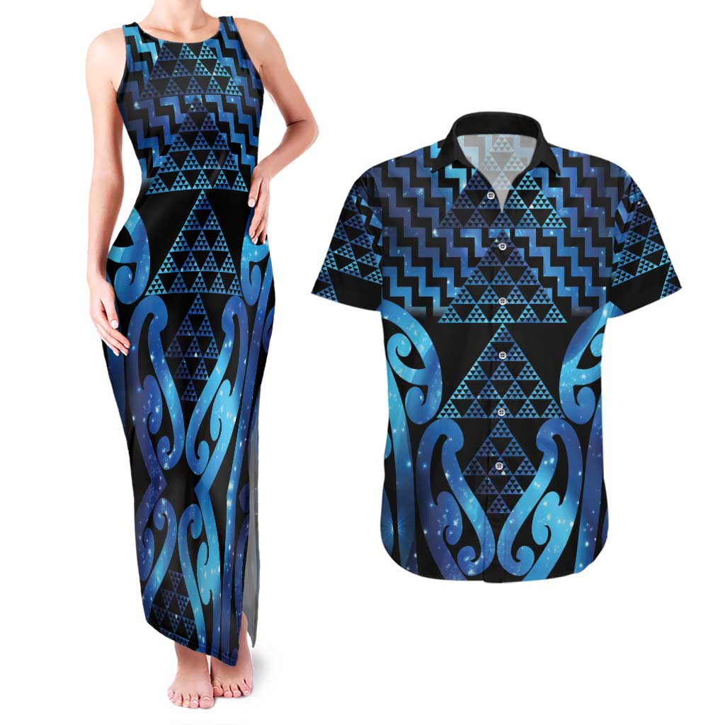 Taniko Motifs Matariki New Zealand Couples Matching Tank Maxi Dress and Hawaiian Shirt NZ Niho Taniwha Poutama LT14 Blue - Polynesian Pride