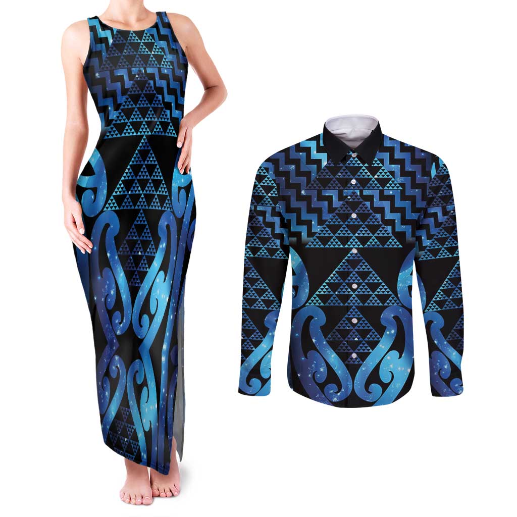 Taniko Motifs Matariki New Zealand Couples Matching Tank Maxi Dress and Long Sleeve Button Shirt NZ Niho Taniwha Poutama LT14 Blue - Polynesian Pride