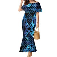Taniko Motifs Matariki New Zealand Family Matching Mermaid Dress and Hawaiian Shirt NZ Niho Taniwha Poutama LT14 Mom's Dress Blue - Polynesian Pride