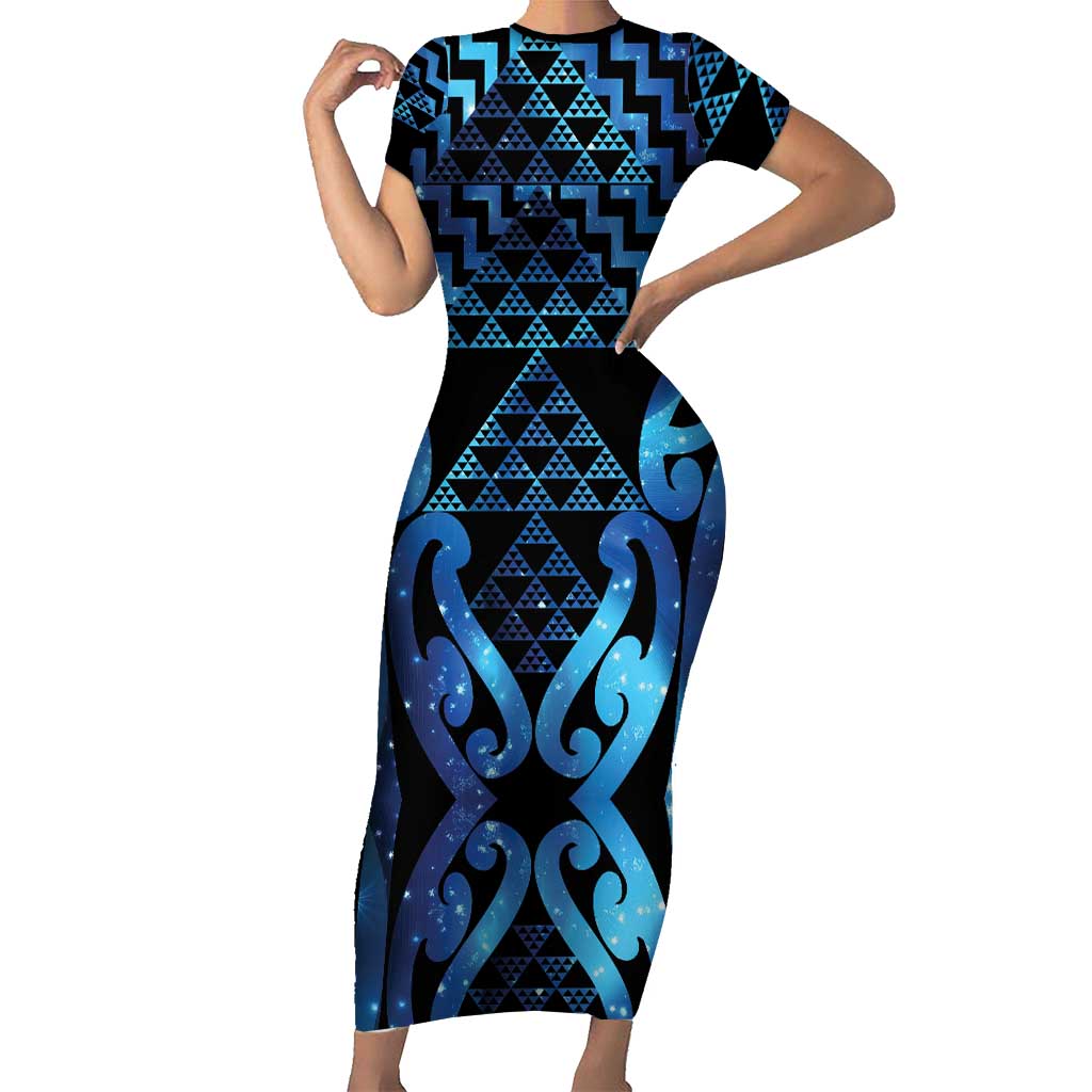 Taniko Motifs Matariki New Zealand Family Matching Short Sleeve Bodycon Dress and Hawaiian Shirt NZ Niho Taniwha Poutama LT14 Mom's Dress Blue - Polynesian Pride