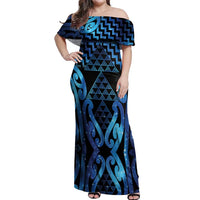 Taniko Motifs Matariki New Zealand Off Shoulder Maxi Dress NZ Niho Taniwha Poutama LT14 Women Blue - Polynesian Pride