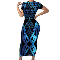 Taniko Motifs Matariki New Zealand Short Sleeve Bodycon Dress NZ Niho Taniwha Poutama LT14 Long Dress Blue - Polynesian Pride