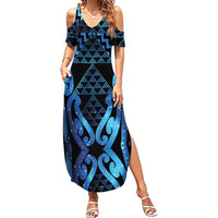 Taniko Motifs Matariki New Zealand Summer Maxi Dress NZ Niho Taniwha Poutama LT14 Women Blue - Polynesian Pride