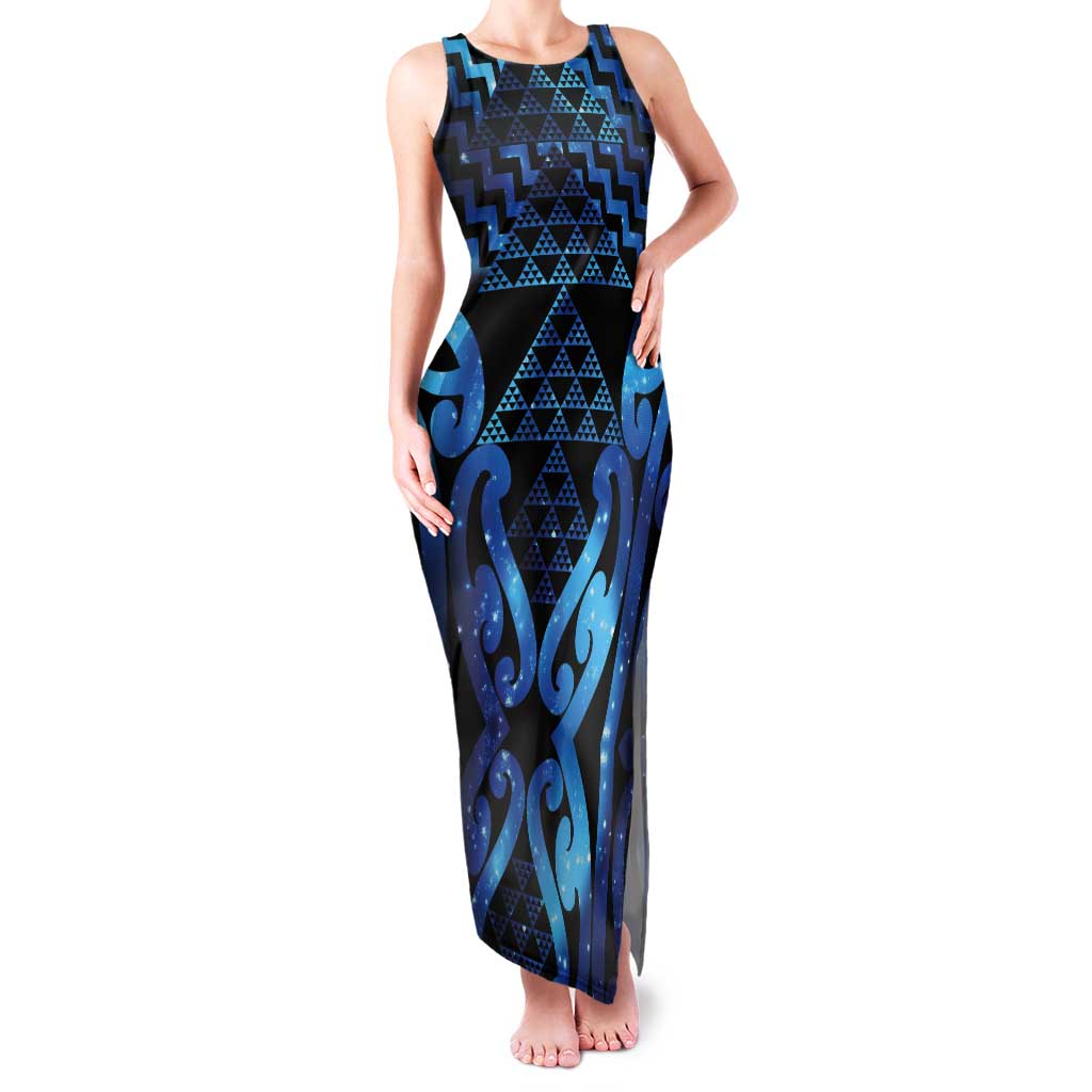 Taniko Motifs Matariki New Zealand Tank Maxi Dress NZ Niho Taniwha Poutama LT14 Women Blue - Polynesian Pride