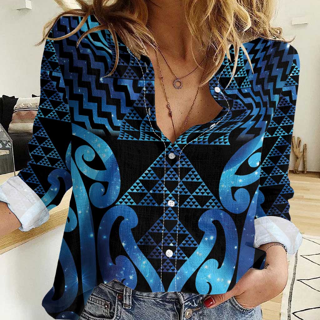 Taniko Motifs Matariki New Zealand Women Casual Shirt NZ Niho Taniwha Poutama LT14 Female Blue - Polynesian Pride