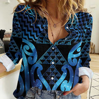 Taniko Motifs Matariki New Zealand Women Casual Shirt NZ Niho Taniwha Poutama LT14 Female Blue - Polynesian Pride