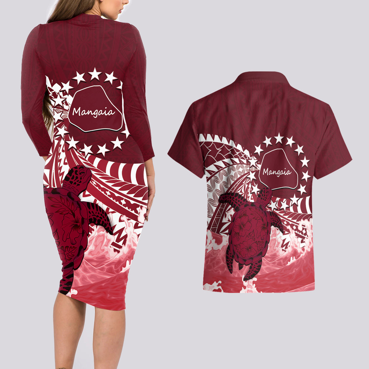 Cook Islands Mangaia Gospel Day Couples Matching Long Sleeve Bodycon Dress and Hawaiian Shirt Polynesian Art With Sea Turtle LT14 - Polynesian Pride