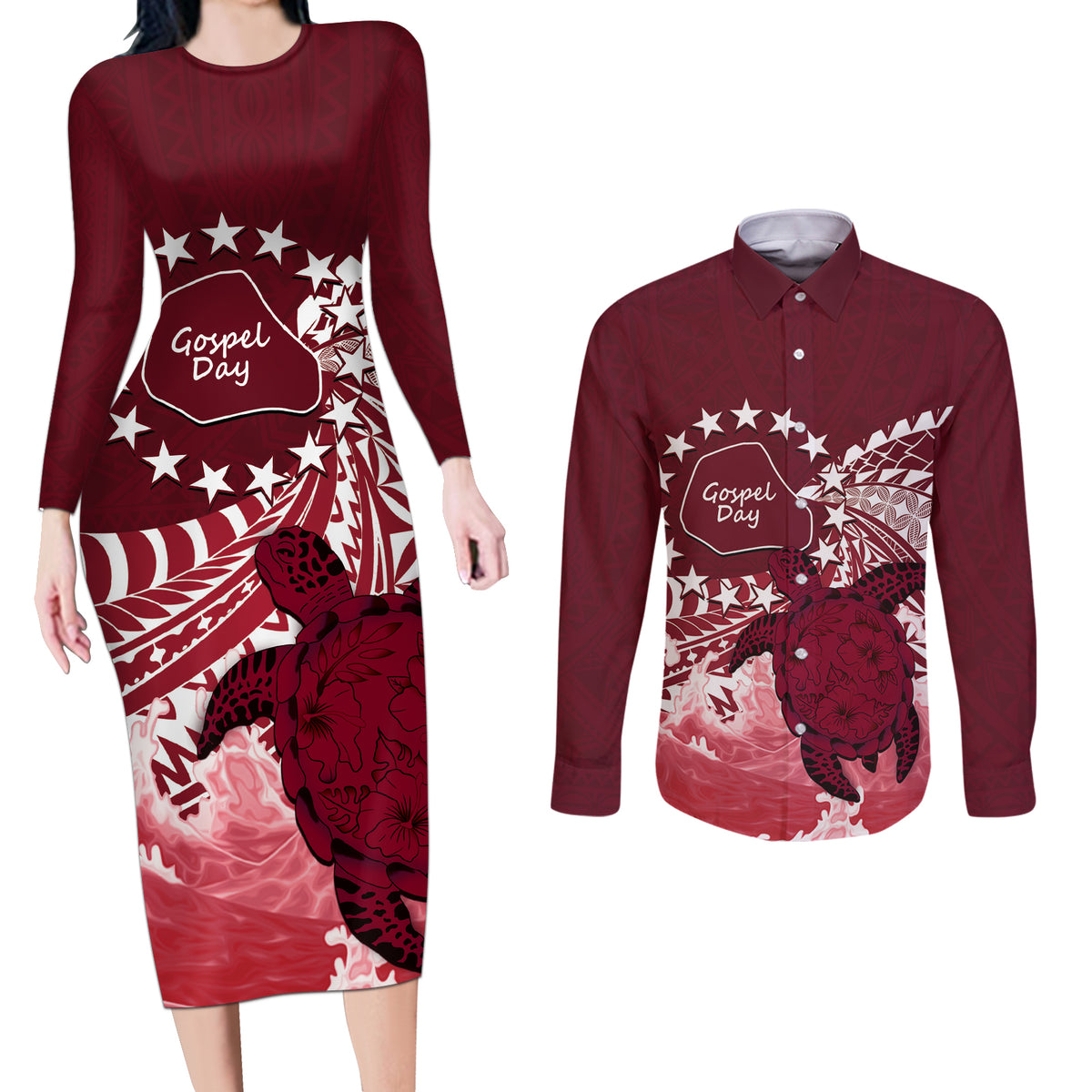 Cook Islands Mangaia Gospel Day Couples Matching Long Sleeve Bodycon Dress and Long Sleeve Button Shirt Polynesian Art With Sea Turtle LT14 Maroon - Polynesian Pride