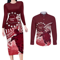 Cook Islands Mangaia Gospel Day Couples Matching Long Sleeve Bodycon Dress and Long Sleeve Button Shirt Polynesian Art With Sea Turtle LT14 Maroon - Polynesian Pride