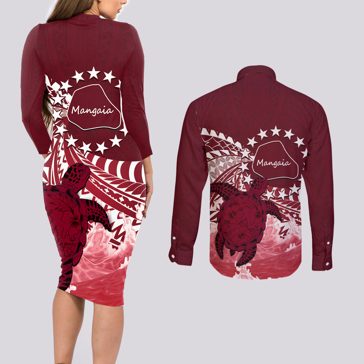 Cook Islands Mangaia Gospel Day Couples Matching Long Sleeve Bodycon Dress and Long Sleeve Button Shirt Polynesian Art With Sea Turtle LT14 - Polynesian Pride