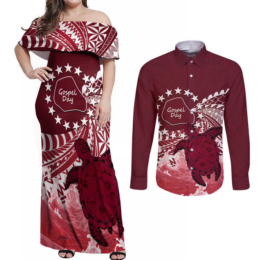 Cook Islands Mangaia Gospel Day Couples Matching Off Shoulder Maxi Dress and Long Sleeve Button Shirt Polynesian Art With Sea Turtle LT14 Maroon - Polynesian Pride