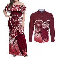Cook Islands Mangaia Gospel Day Couples Matching Off Shoulder Maxi Dress and Long Sleeve Button Shirt Polynesian Art With Sea Turtle LT14 Maroon - Polynesian Pride
