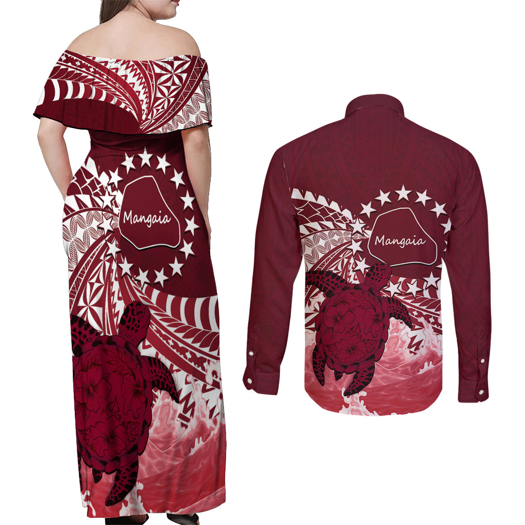 Cook Islands Mangaia Gospel Day Couples Matching Off Shoulder Maxi Dress and Long Sleeve Button Shirt Polynesian Art With Sea Turtle LT14 - Polynesian Pride