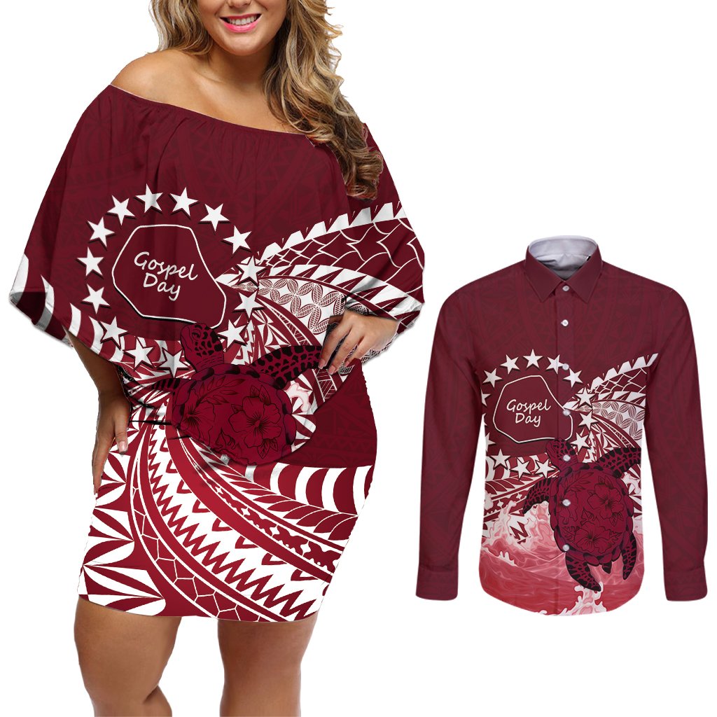 Cook Islands Mangaia Gospel Day Couples Matching Off Shoulder Short Dress and Long Sleeve Button Shirt Polynesian Art With Sea Turtle LT14 Maroon - Polynesian Pride