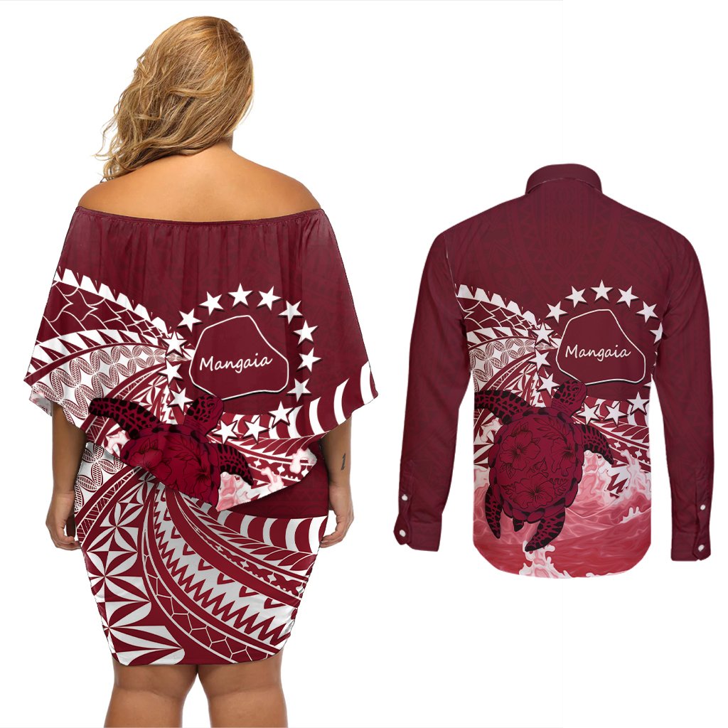 Cook Islands Mangaia Gospel Day Couples Matching Off Shoulder Short Dress and Long Sleeve Button Shirt Polynesian Art With Sea Turtle LT14 - Polynesian Pride