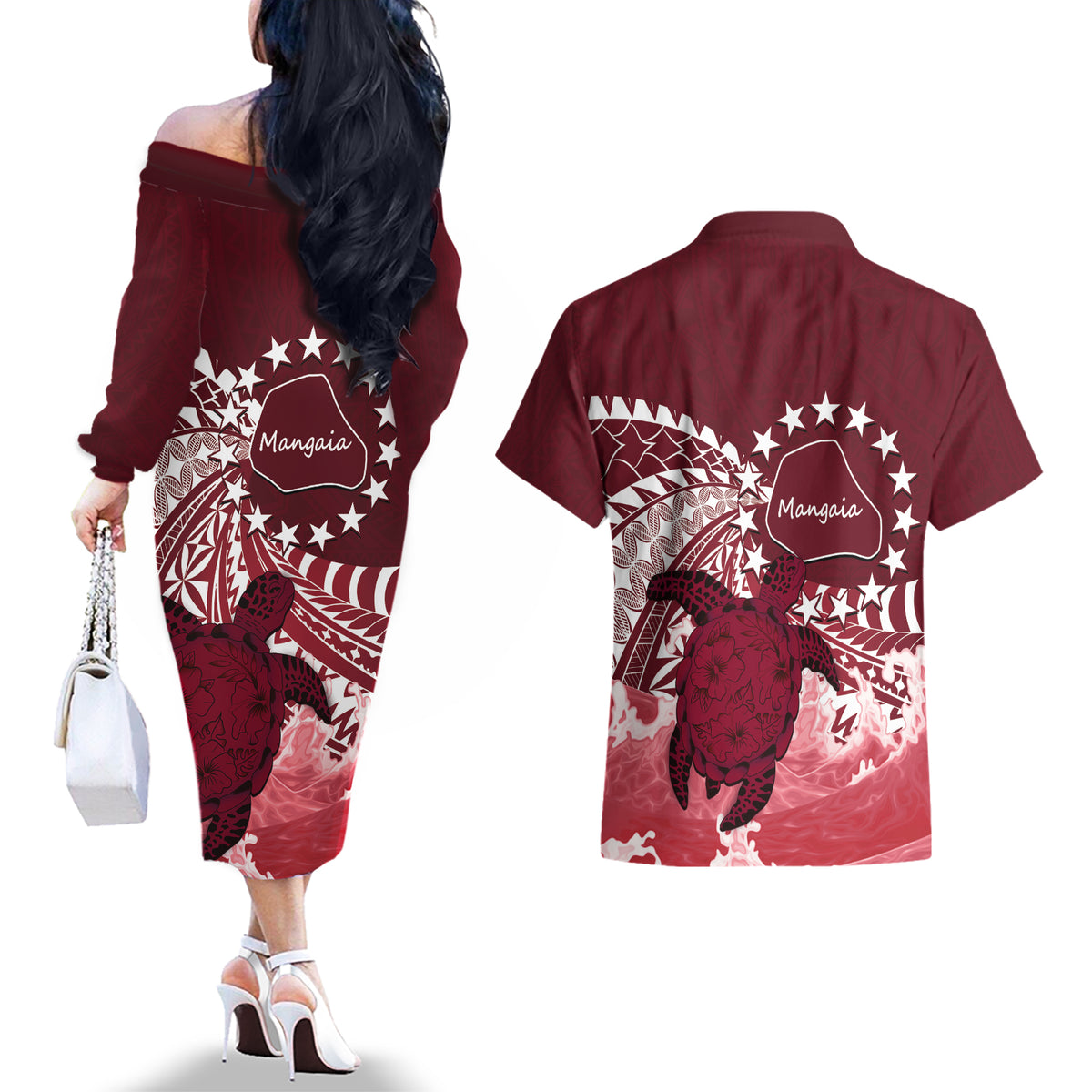 Cook Islands Mangaia Gospel Day Couples Matching Off The Shoulder Long Sleeve Dress and Hawaiian Shirt Polynesian Art With Sea Turtle LT14 - Polynesian Pride