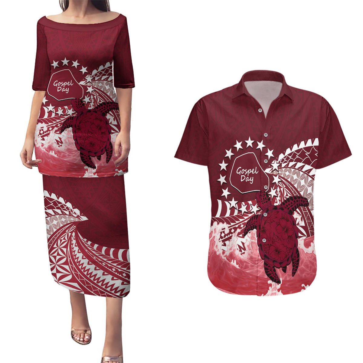 Cook Islands Mangaia Gospel Day Couples Matching Puletasi and Hawaiian Shirt Polynesian Art With Sea Turtle LT14 Maroon - Polynesian Pride