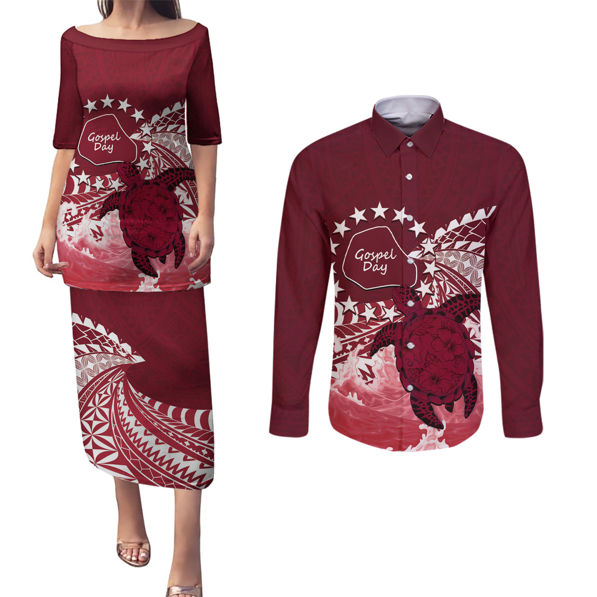 Cook Islands Mangaia Gospel Day Couples Matching Puletasi and Long Sleeve Button Shirt Polynesian Art With Sea Turtle LT14 Maroon - Polynesian Pride