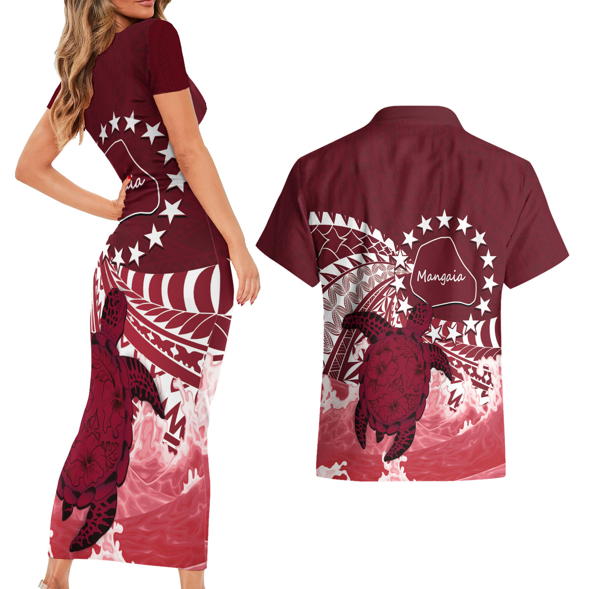 Cook Islands Mangaia Gospel Day Couples Matching Short Sleeve Bodycon Dress and Hawaiian Shirt Polynesian Art With Sea Turtle LT14 - Polynesian Pride