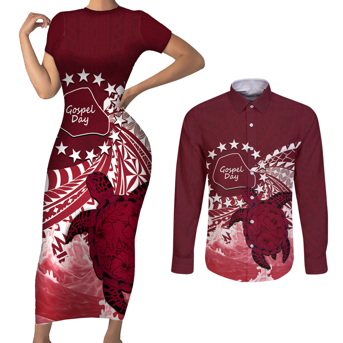 Cook Islands Mangaia Gospel Day Couples Matching Short Sleeve Bodycon Dress and Long Sleeve Button Shirt Polynesian Art With Sea Turtle LT14 Maroon - Polynesian Pride