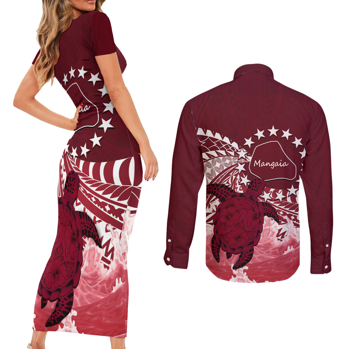 Cook Islands Mangaia Gospel Day Couples Matching Short Sleeve Bodycon Dress and Long Sleeve Button Shirt Polynesian Art With Sea Turtle LT14 - Polynesian Pride