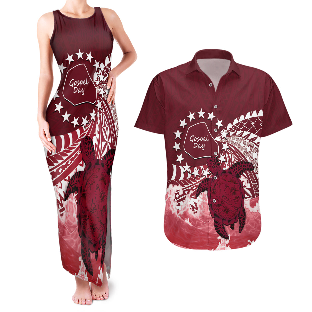 Cook Islands Mangaia Gospel Day Couples Matching Tank Maxi Dress and Hawaiian Shirt Polynesian Art With Sea Turtle LT14 Maroon - Polynesian Pride