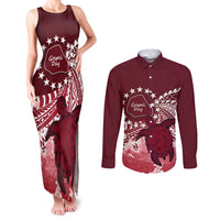 Cook Islands Mangaia Gospel Day Couples Matching Tank Maxi Dress and Long Sleeve Button Shirt Polynesian Art With Sea Turtle LT14 Maroon - Polynesian Pride