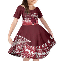 Cook Islands Mangaia Gospel Day Family Matching Long Sleeve Bodycon Dress and Hawaiian Shirt Polynesian Art With Sea Turtle LT14 Daughter's Dress Maroon - Polynesian Pride