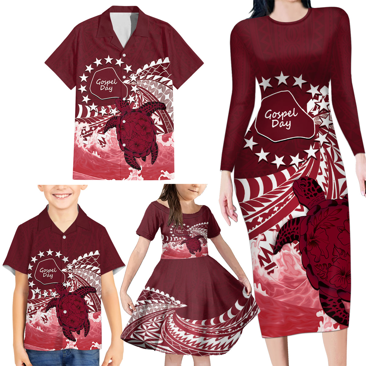Cook Islands Mangaia Gospel Day Family Matching Long Sleeve Bodycon Dress and Hawaiian Shirt Polynesian Art With Sea Turtle LT14 - Polynesian Pride