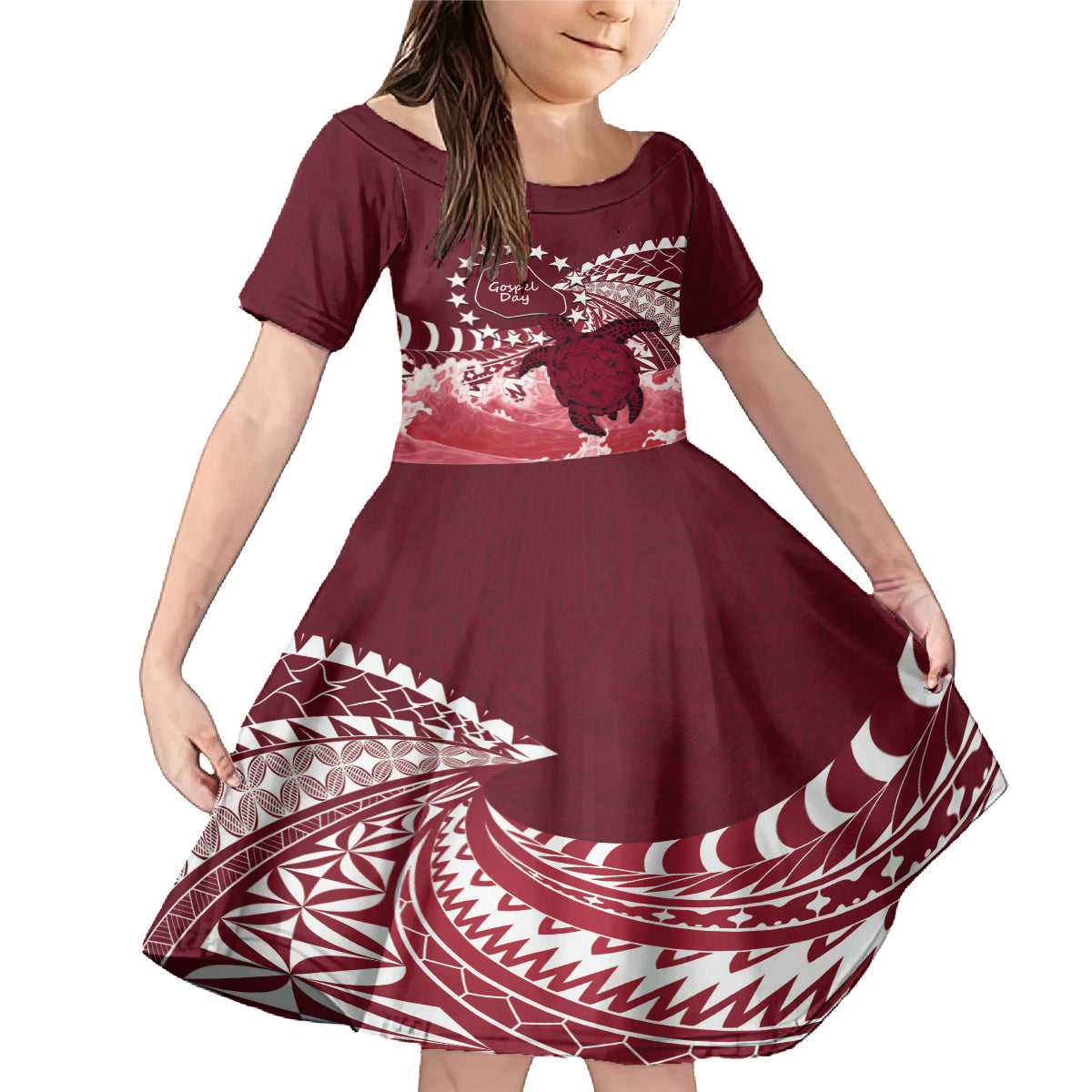 Cook Islands Mangaia Gospel Day Family Matching Mermaid Dress and Hawaiian Shirt Polynesian Art With Sea Turtle LT14 Daughter's Dress Maroon - Polynesian Pride