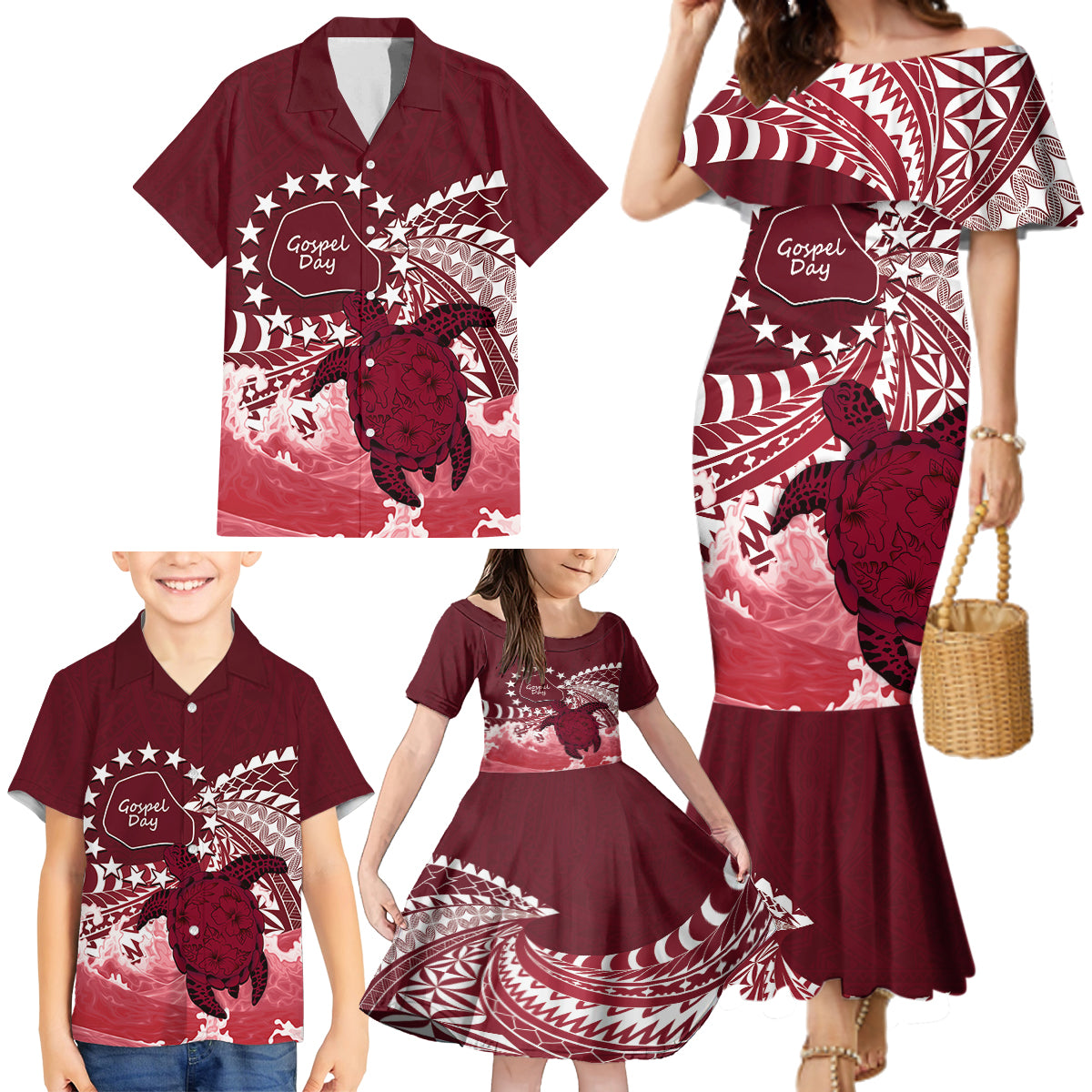 Cook Islands Mangaia Gospel Day Family Matching Mermaid Dress and Hawaiian Shirt Polynesian Art With Sea Turtle LT14 - Polynesian Pride