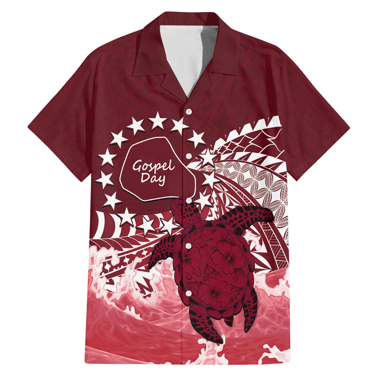 Cook Islands Mangaia Gospel Day Family Matching Mermaid Dress and Hawaiian Shirt Polynesian Art With Sea Turtle LT14 Dad's Shirt - Short Sleeve Maroon - Polynesian Pride