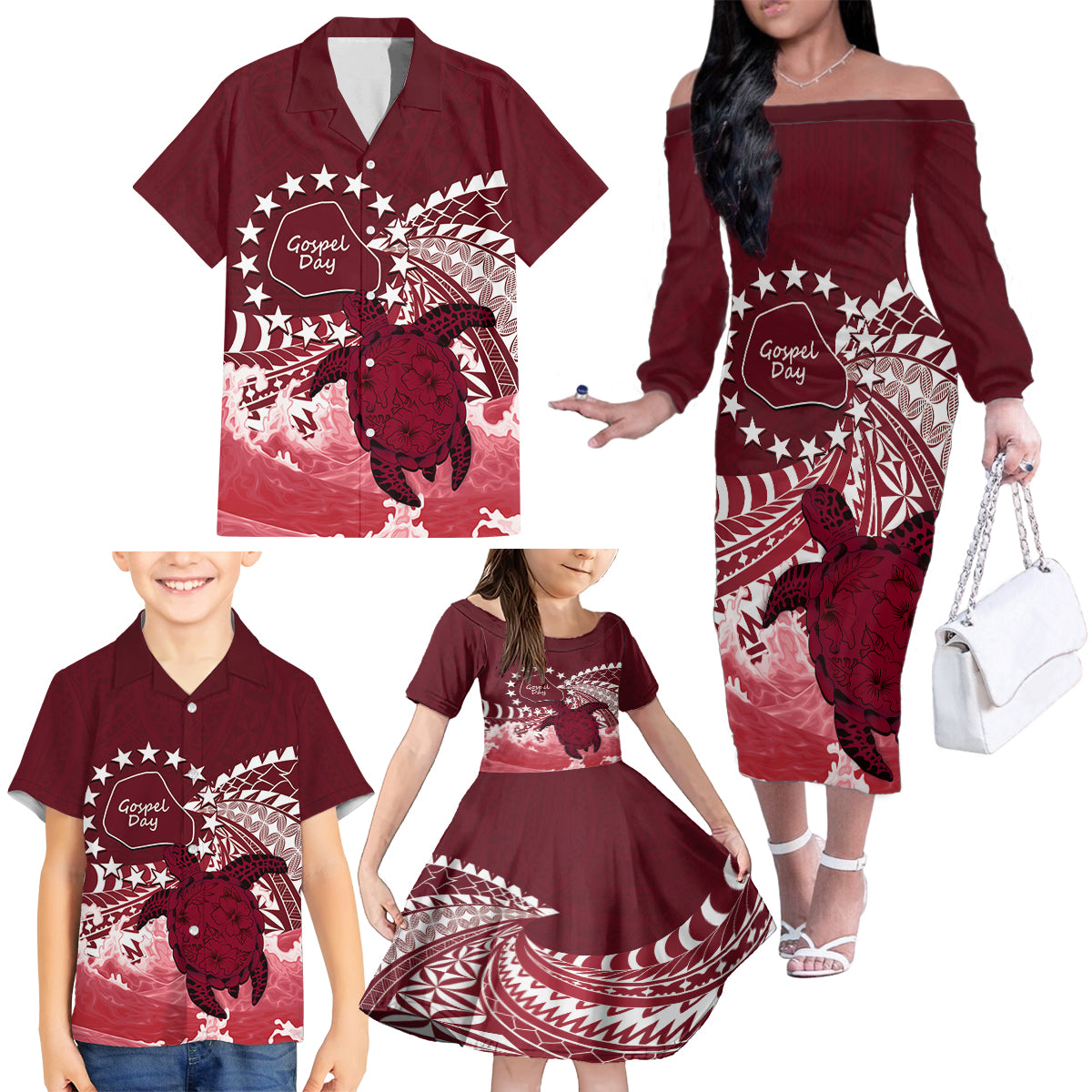 Cook Islands Mangaia Gospel Day Family Matching Off The Shoulder Long Sleeve Dress and Hawaiian Shirt Polynesian Art With Sea Turtle LT14 - Polynesian Pride