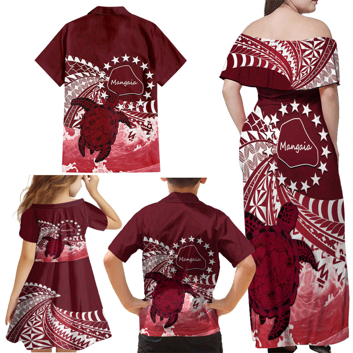 Cook Islands Mangaia Gospel Day Family Matching Off Shoulder Maxi Dress and Hawaiian Shirt Polynesian Art With Sea Turtle LT14 - Polynesian Pride