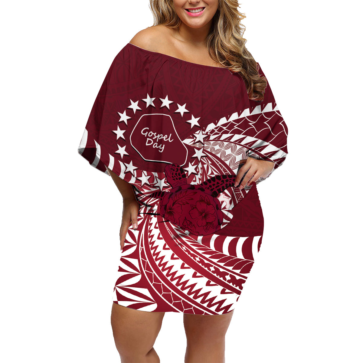Cook Islands Mangaia Gospel Day Family Matching Off Shoulder Short Dress and Hawaiian Shirt Polynesian Art With Sea Turtle LT14 Mom's Dress Maroon - Polynesian Pride