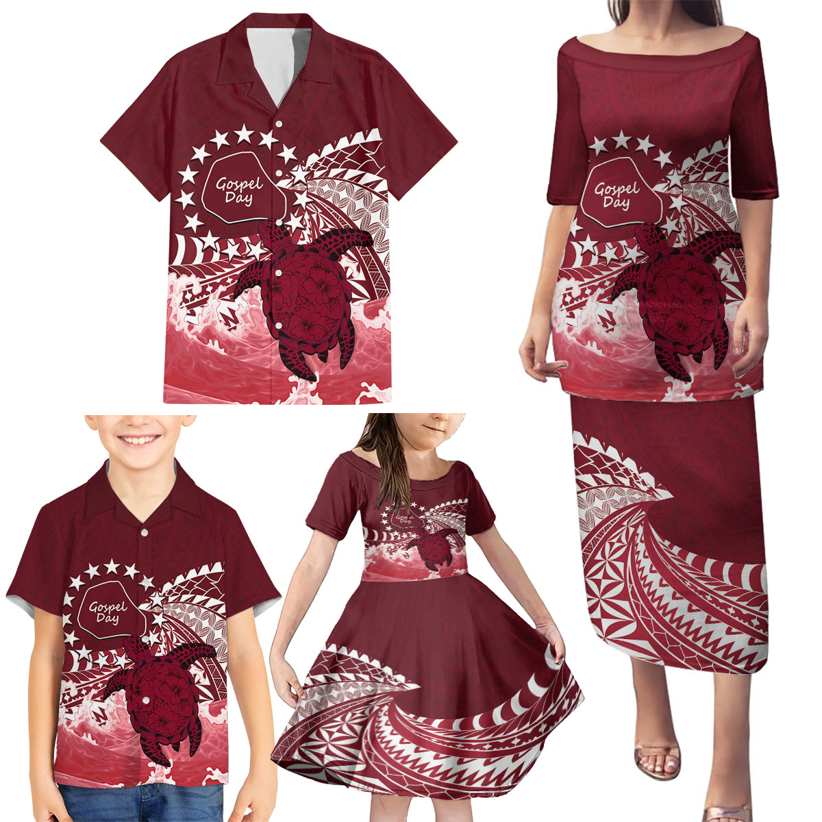 Cook Islands Mangaia Gospel Day Family Matching Puletasi and Hawaiian Shirt Polynesian Art With Sea Turtle LT14 - Polynesian Pride