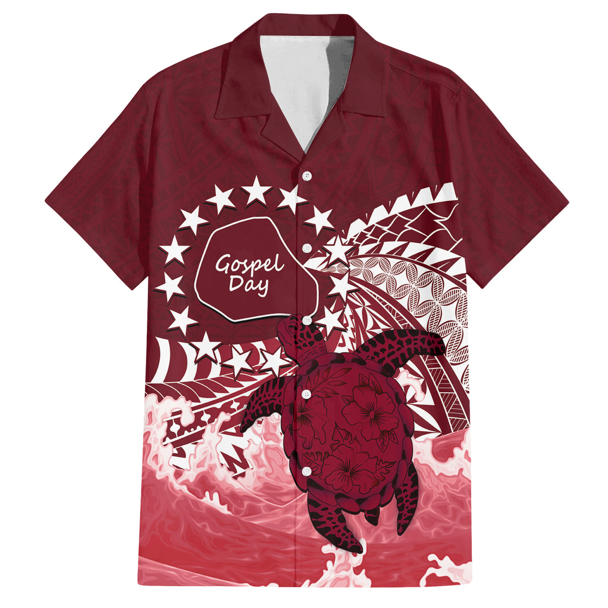 Cook Islands Mangaia Gospel Day Family Matching Puletasi and Hawaiian Shirt Polynesian Art With Sea Turtle LT14 Dad's Shirt - Short Sleeve Maroon - Polynesian Pride