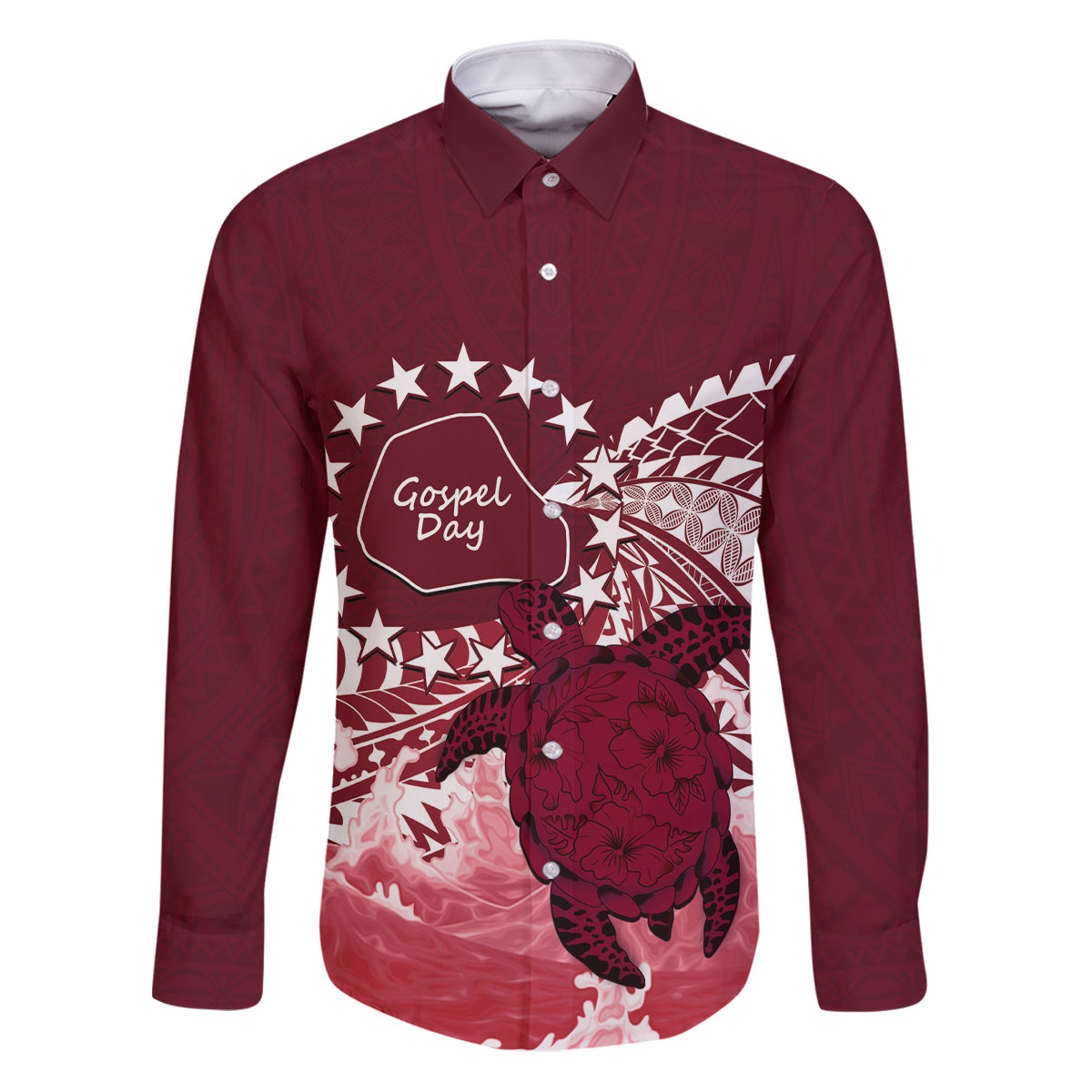 Cook Islands Mangaia Gospel Day Family Matching Puletasi and Hawaiian Shirt Polynesian Art With Sea Turtle LT14 Dad's Shirt - Long Sleeve Maroon - Polynesian Pride