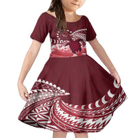 Cook Islands Mangaia Gospel Day Family Matching Short Sleeve Bodycon Dress and Hawaiian Shirt Polynesian Art With Sea Turtle LT14 Daughter's Dress Maroon - Polynesian Pride