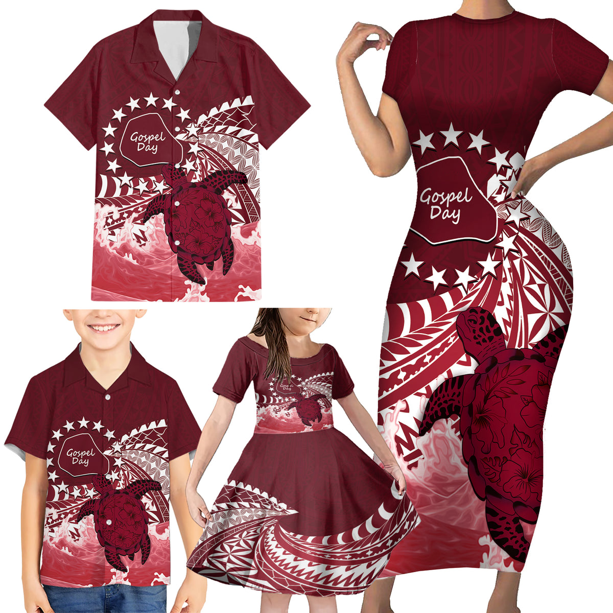 Cook Islands Mangaia Gospel Day Family Matching Short Sleeve Bodycon Dress and Hawaiian Shirt Polynesian Art With Sea Turtle LT14 - Polynesian Pride