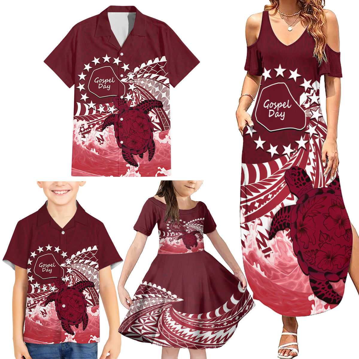 Cook Islands Mangaia Gospel Day Family Matching Summer Maxi Dress and Hawaiian Shirt Polynesian Art With Sea Turtle LT14 - Polynesian Pride