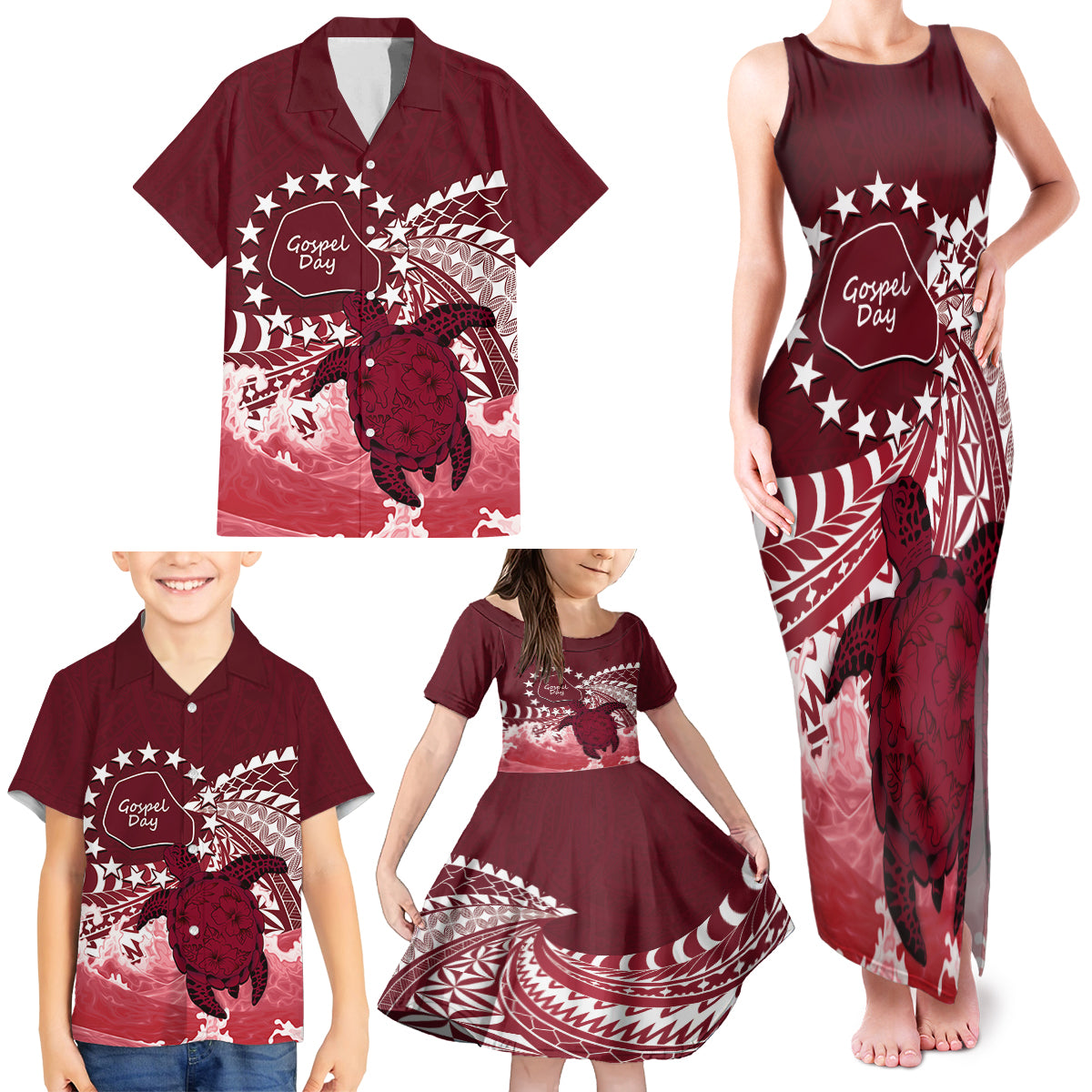 Cook Islands Mangaia Gospel Day Family Matching Tank Maxi Dress and Hawaiian Shirt Polynesian Art With Sea Turtle LT14 - Polynesian Pride