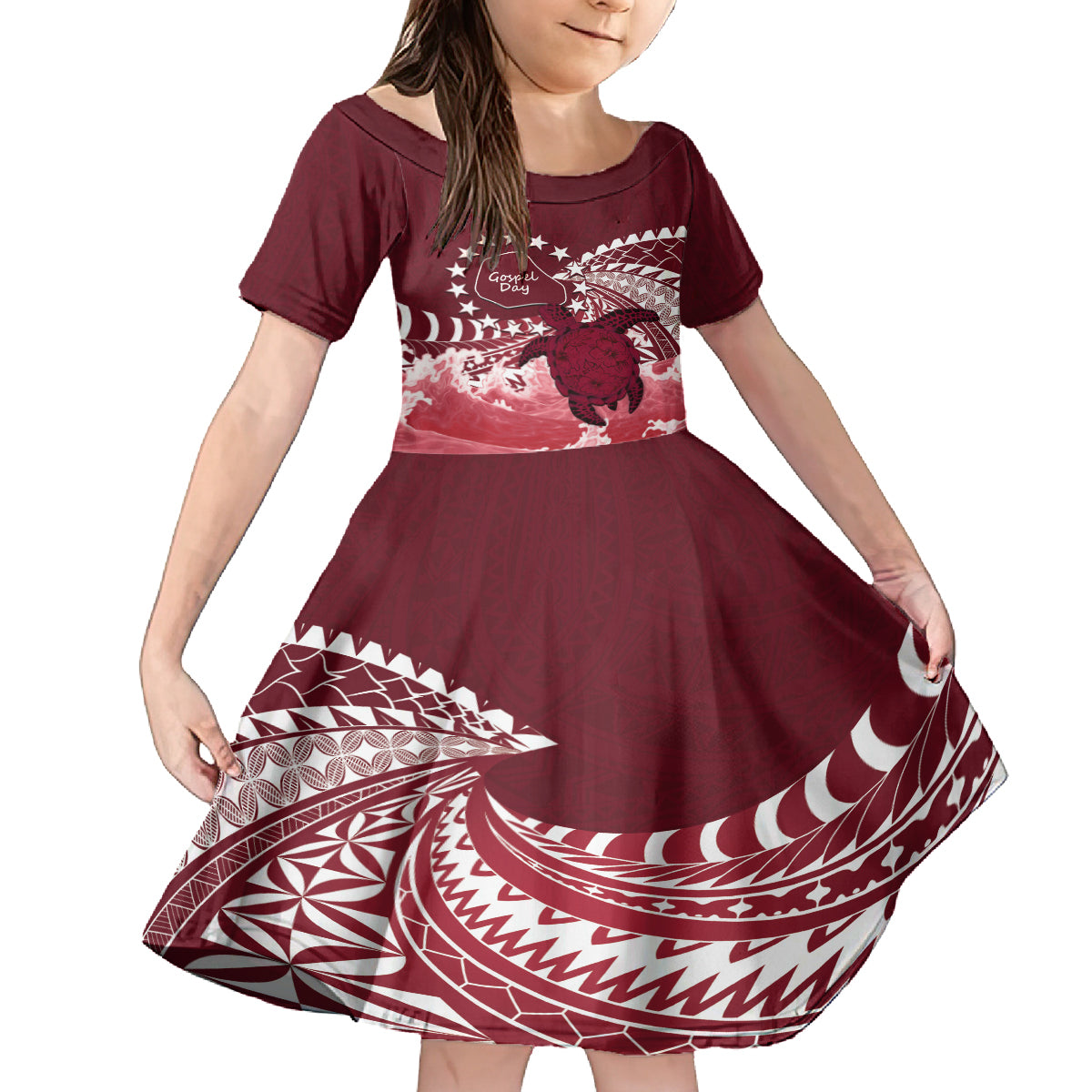 Cook Islands Mangaia Gospel Day Kid Short Sleeve Dress Polynesian Art With Sea Turtle LT14 KID Maroon - Polynesian Pride