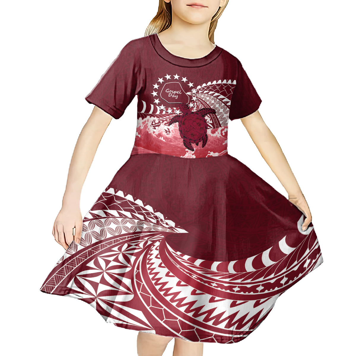 Cook Islands Mangaia Gospel Day Kid Short Sleeve Dress Polynesian Art With Sea Turtle LT14 - Polynesian Pride
