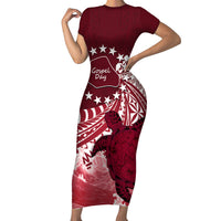 Cook Islands Mangaia Gospel Day Short Sleeve Bodycon Dress Polynesian Art With Sea Turtle LT14 Long Dress Maroon - Polynesian Pride