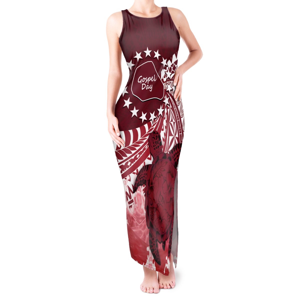 Cook Islands Mangaia Gospel Day Tank Maxi Dress Polynesian Art With Sea Turtle LT14 Women Maroon - Polynesian Pride