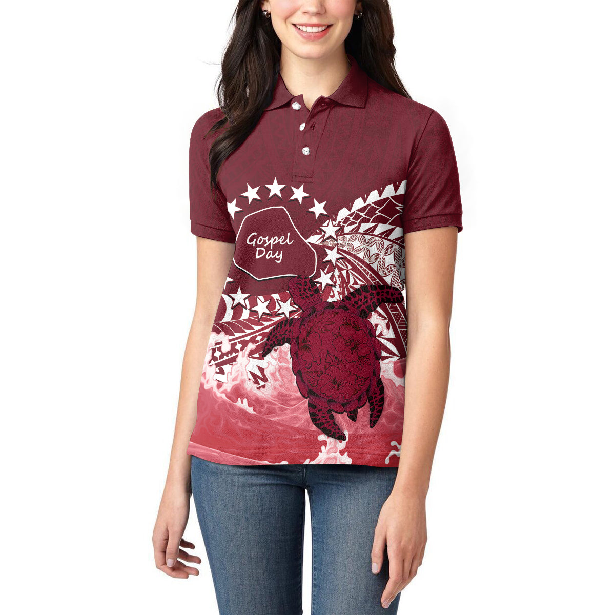 Cook Islands Mangaia Gospel Day Women Polo Shirt Polynesian Art With Sea Turtle