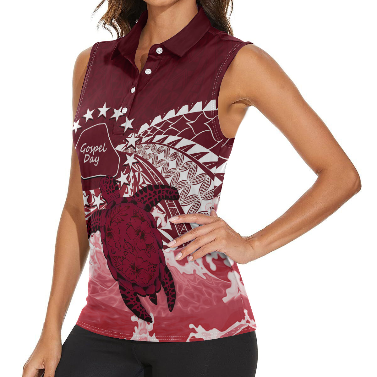 Cook Islands Mangaia Gospel Day Women Sleeveless Polo Shirt Polynesian Art With Sea Turtle LT14 - Polynesian Pride